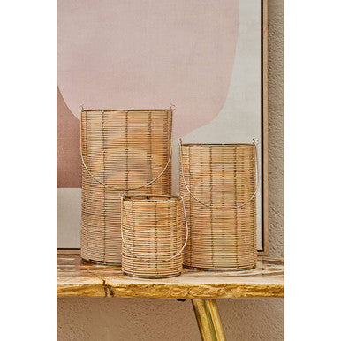 Medium Hurricane Candle Holder with Woven Rattan and Gold Accents