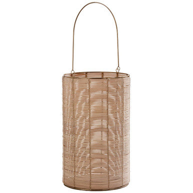 Large Hurricane Candle Holder with Gold Frame and Rattan Weave