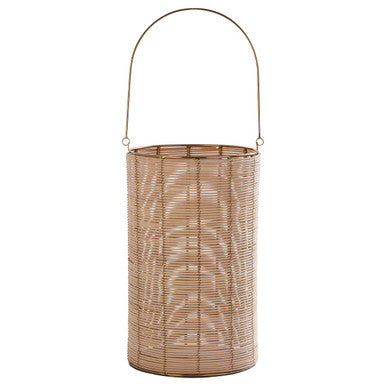 Large Hurricane Candle Holder with Gold Frame and Rattan Weave