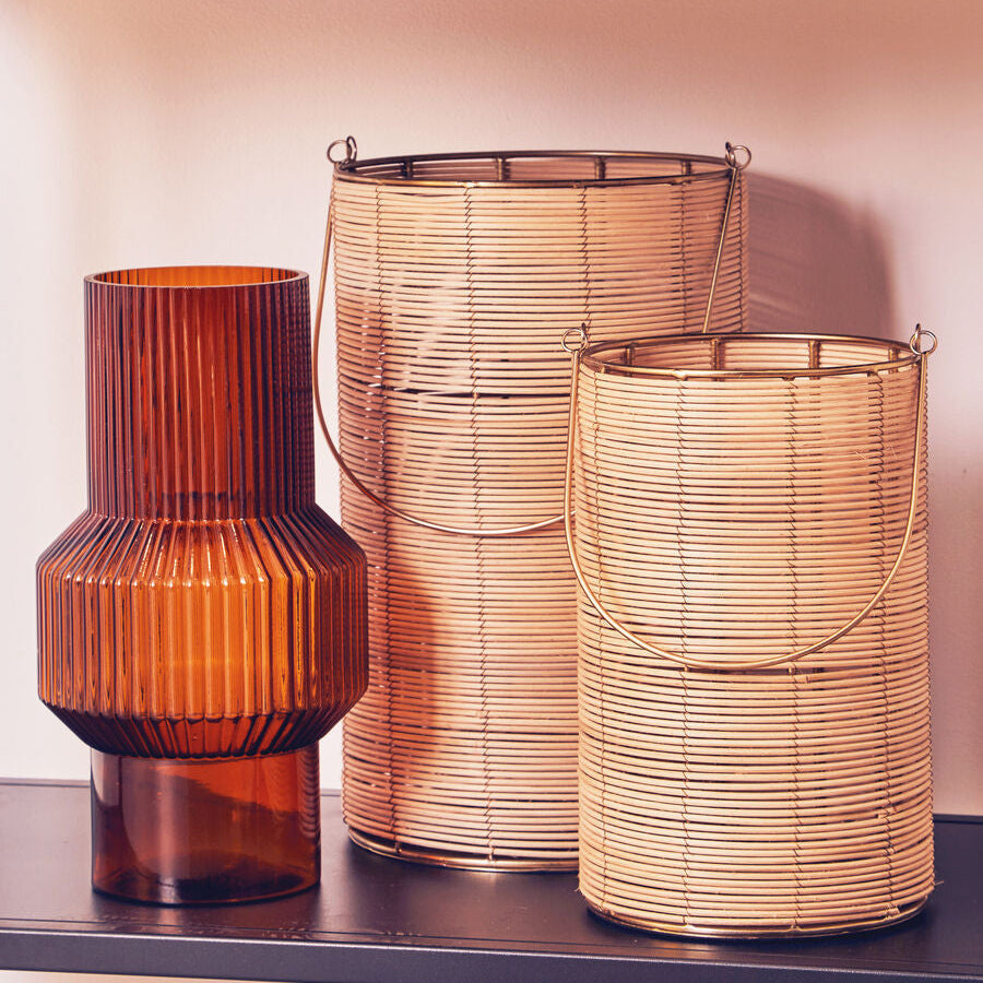 Large Hurricane Candle Holder with Gold Frame and Rattan Weave