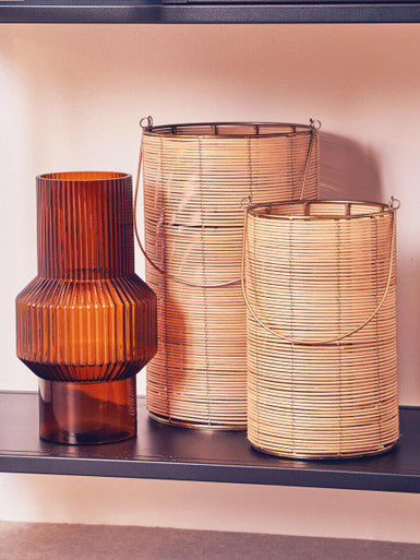 Large Hurricane Candle Holder with Gold Frame and Rattan Weave