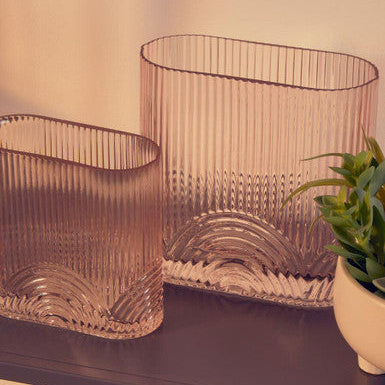 Small Pink Glass Vase with Ribbed Texture