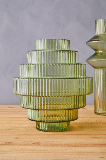 Large Green Ribbed Glass Vase