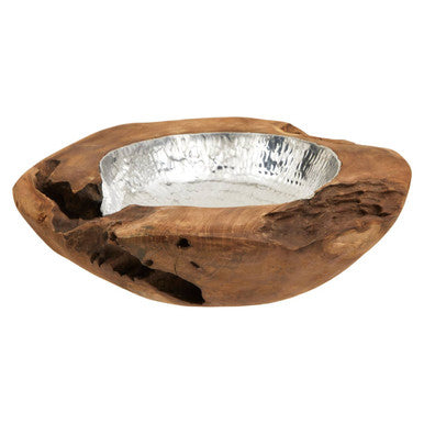 Teak Wood Bowl with Hammered Aluminium Inlay
