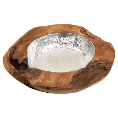 Teak Wood Bowl with Hammered Aluminium Inlay
