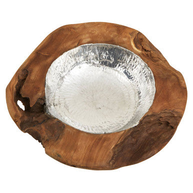 Teak Wood Bowl with Hammered Aluminium Inlay