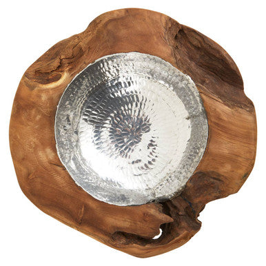Teak Wood Bowl with Hammered Aluminium Inlay