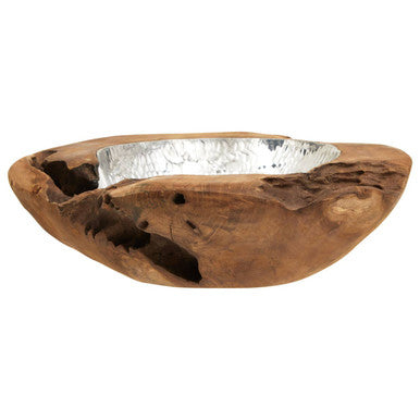 Teak Wood Bowl with Hammered Aluminium Inlay