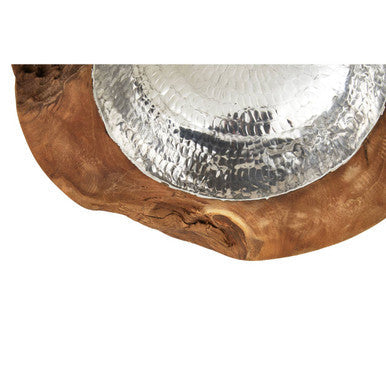 Teak Wood Bowl with Hammered Aluminium Inlay
