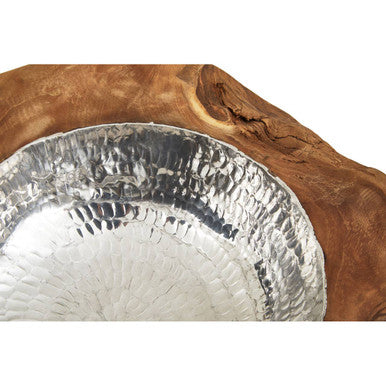 Teak Wood Bowl with Hammered Aluminium Inlay