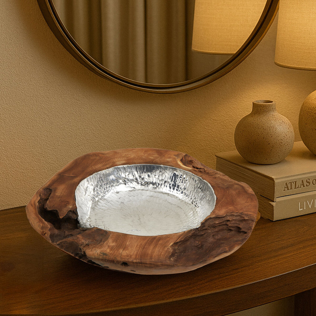 Teak Wood Bowl with Hammered Aluminium Inlay