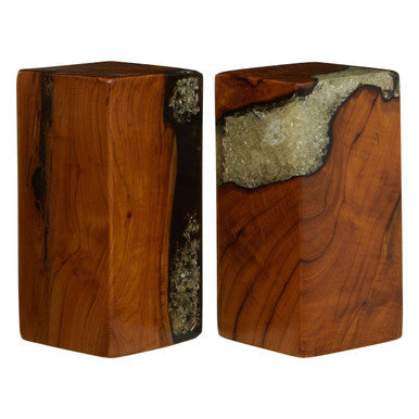 Set of 2 Black Teak and Resin Bookends