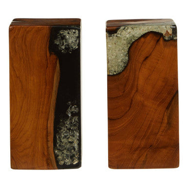Set of 2 Black Teak and Resin Bookends