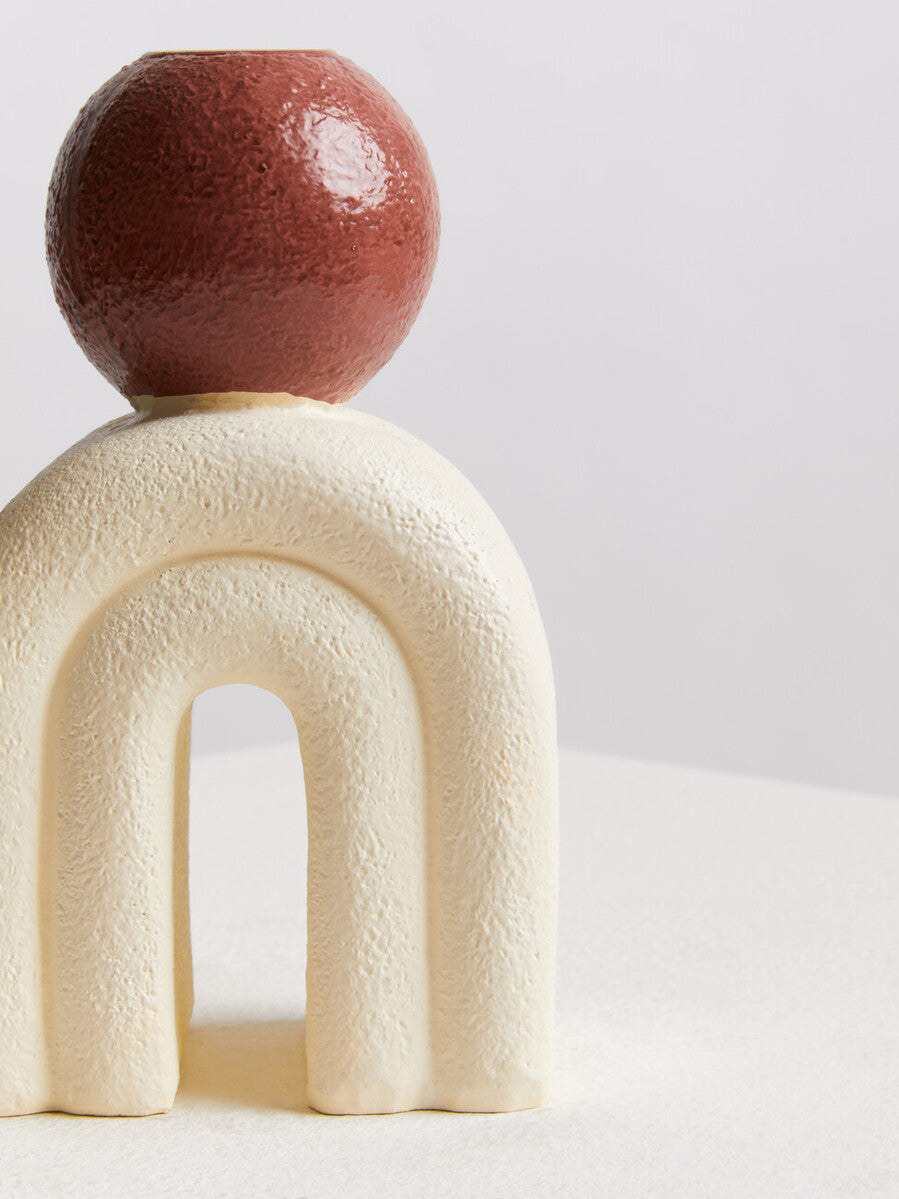 Cream Stone Candle Holder with Red Accent