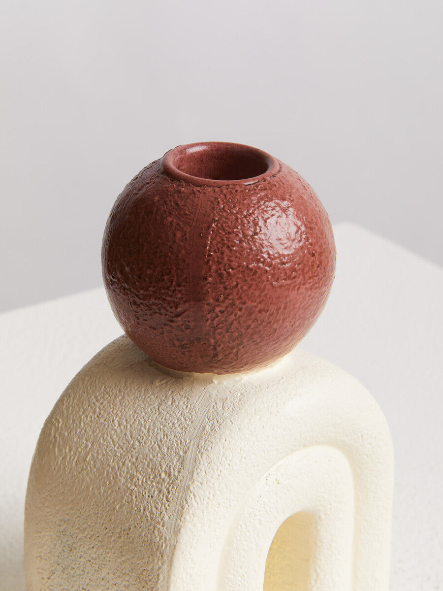 Cream Stone Candle Holder with Red Accent