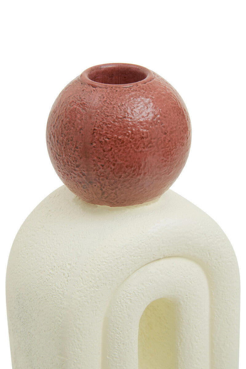Cream Stone Candle Holder with Red Accent