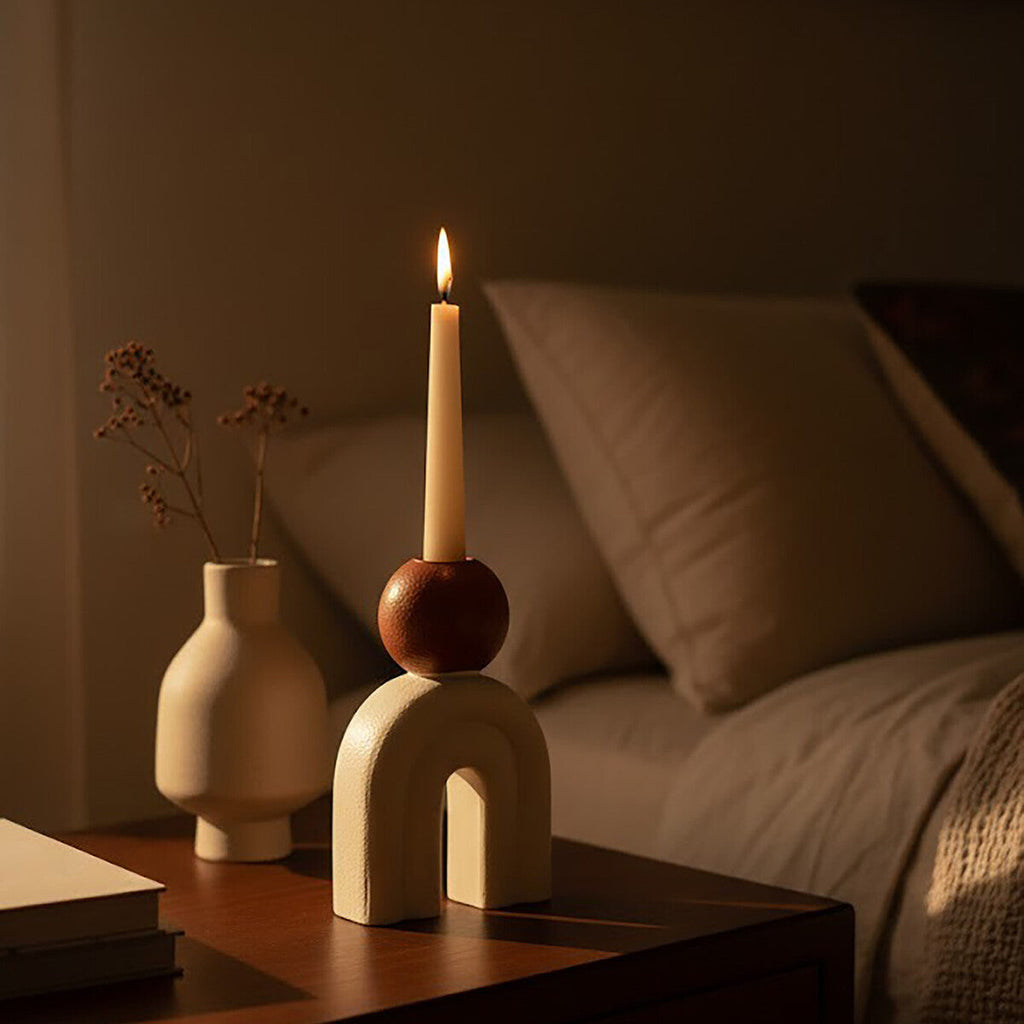 Cream Stone Candle Holder with Red Accent