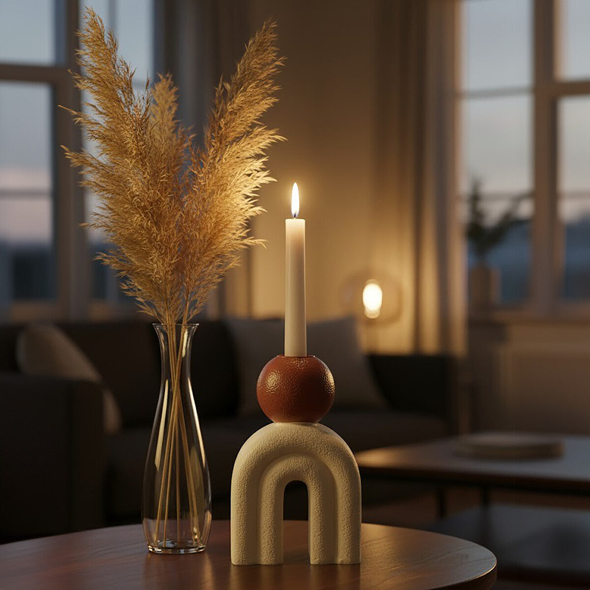 Cream Stone Candle Holder with Red Accent