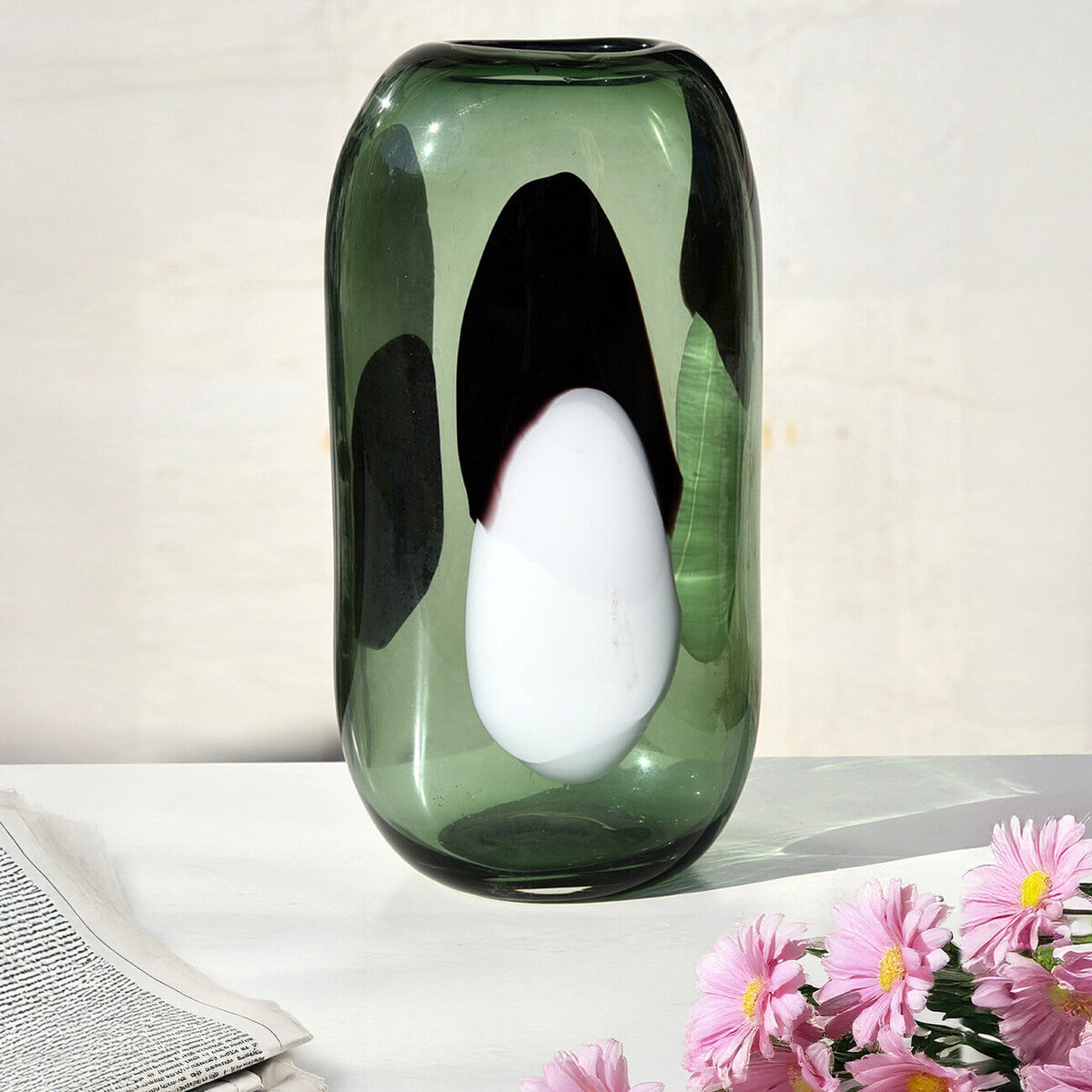 Small Green Glass Vase with Abstract Pattern