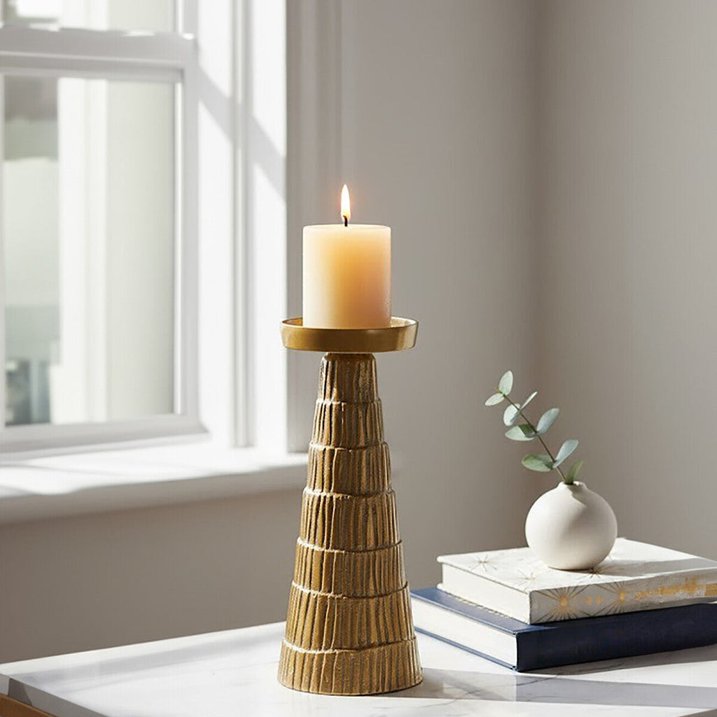Large Gold Finish Candle Holder with Hand Etched Detail