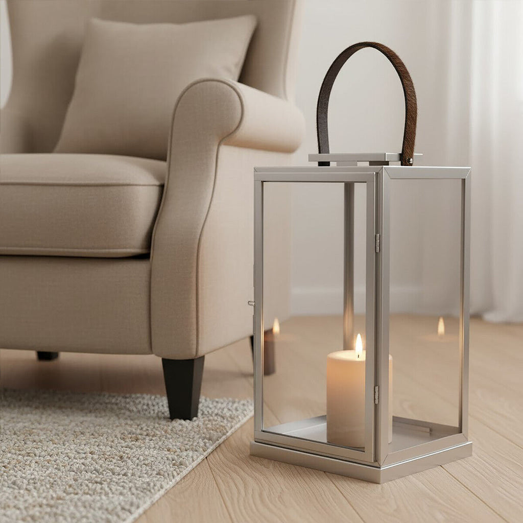 Large Silver Steel Lantern with Leather Handle