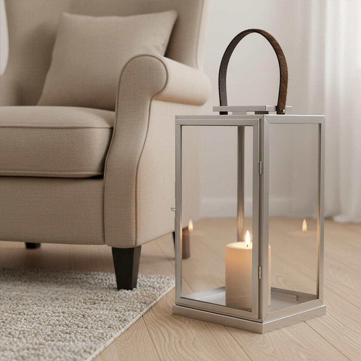 Large Silver Steel Lantern with Leather Handle