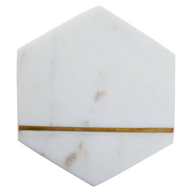 Set of Four White Marble Coasters with Brass Inlay