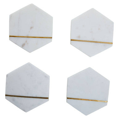 Set of Four White Marble Coasters with Brass Inlay