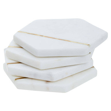 Set of Four White Marble Coasters with Brass Inlay