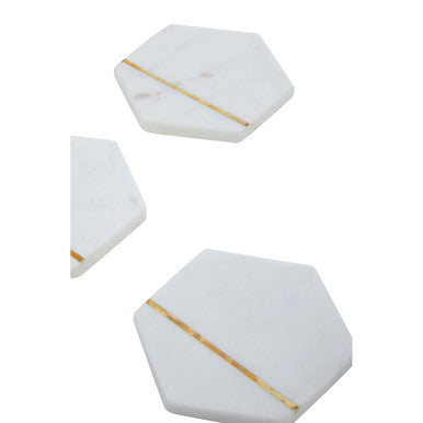 Set of Four White Marble Coasters with Brass Inlay