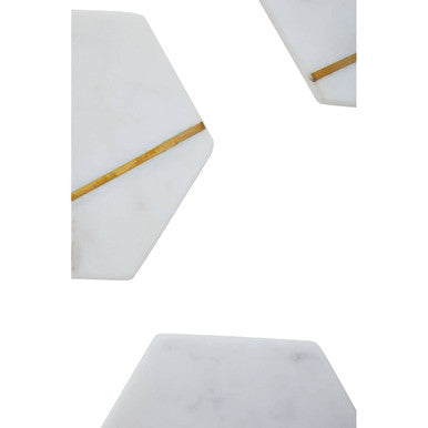 Set of Four White Marble Coasters with Brass Inlay