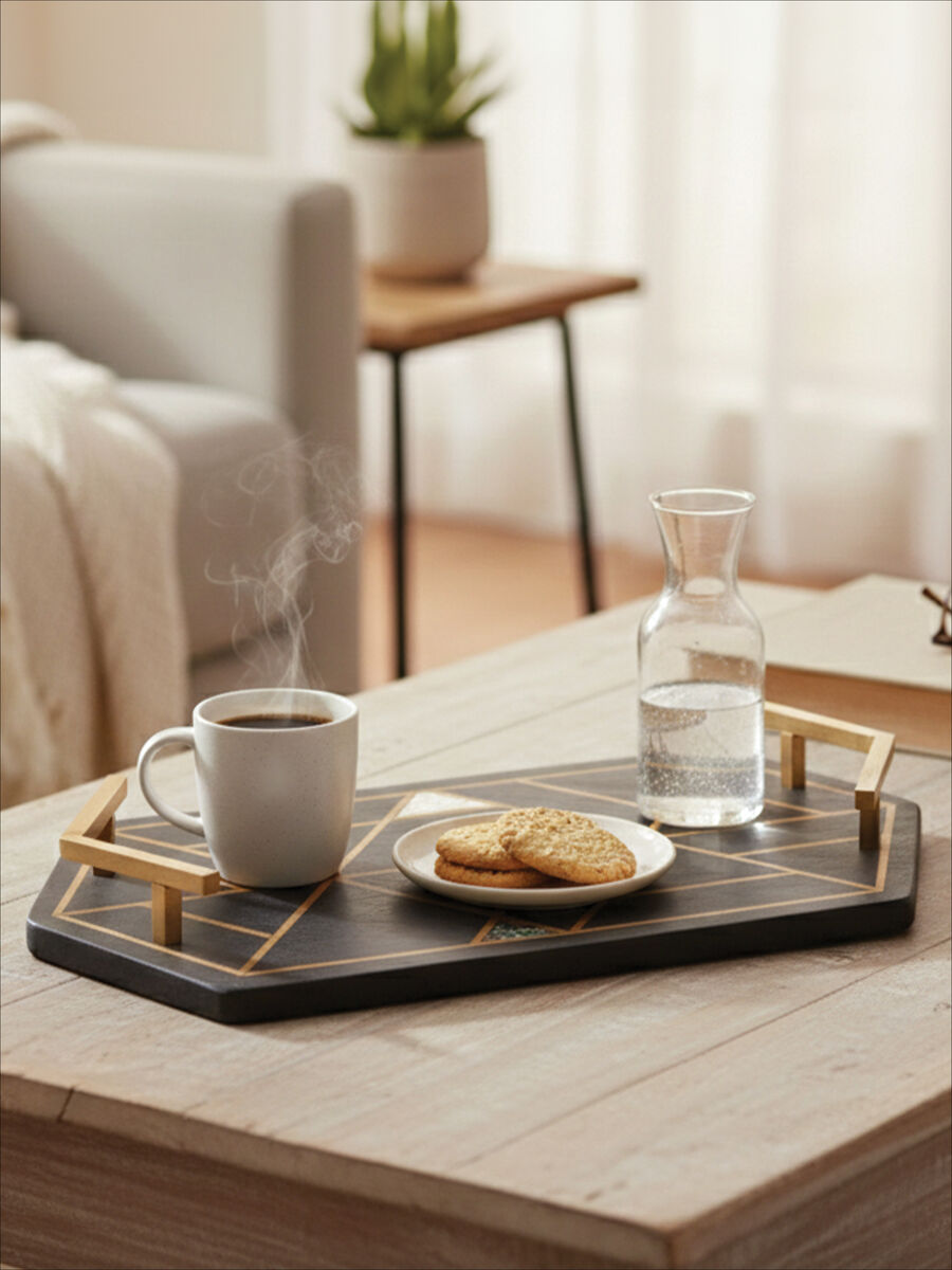 Black Slate Serving Tray with Gold Handles