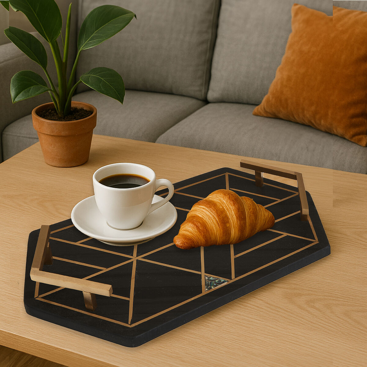 Black Slate Serving Tray with Gold Handles