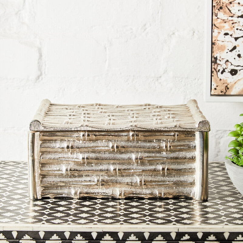 Large Silver Finish Bamboo Effect Trinket Box