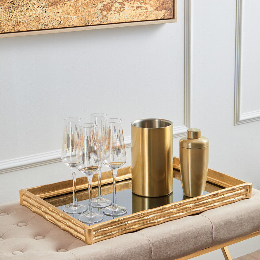 Gold Finish Bamboo Effect Mirrored Tray