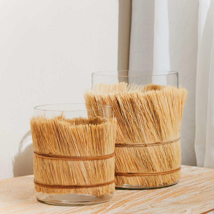 Natural Medium Candle Holder with Raffia Wrap