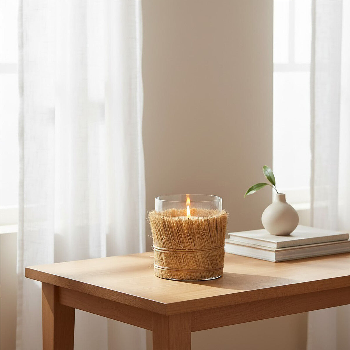 Natural Medium Candle Holder with Raffia Wrap