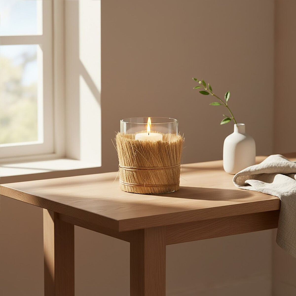 Natural Medium Candle Holder with Raffia Wrap
