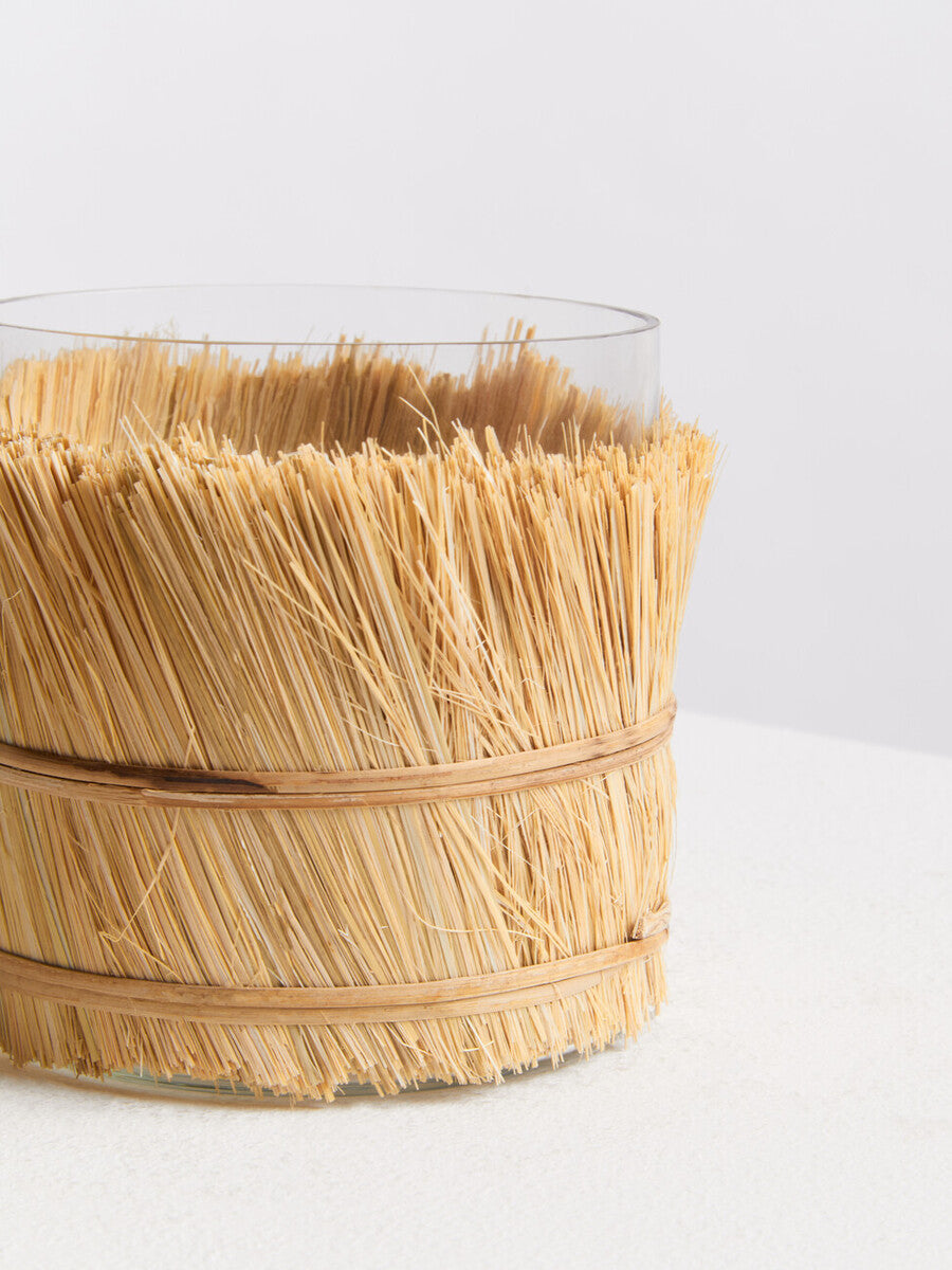 Small Natural Candle Holder with Raffia Wrap