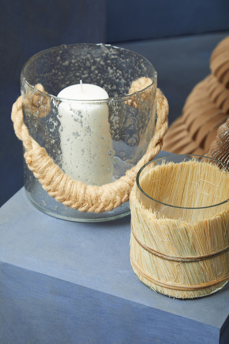 Small Natural Candle Holder with Raffia Wrap