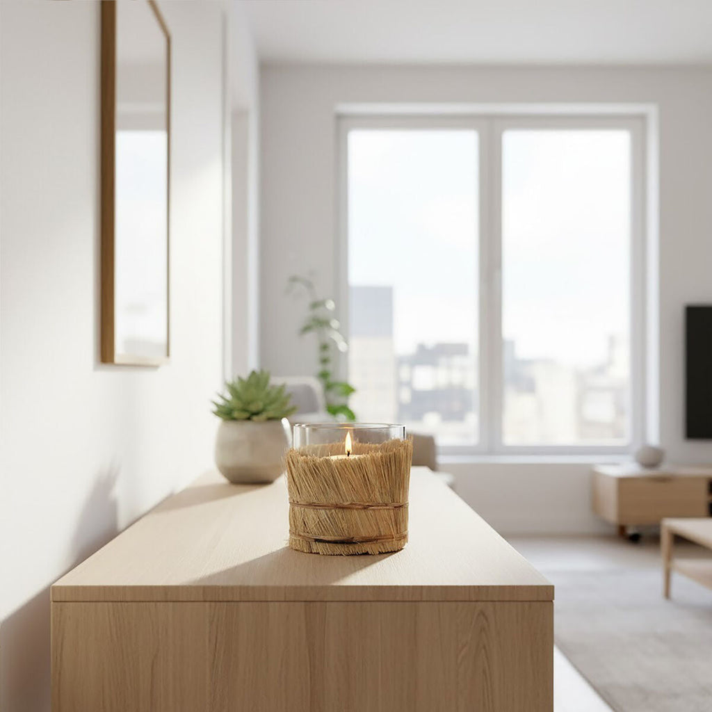 Small Natural Candle Holder with Raffia Wrap