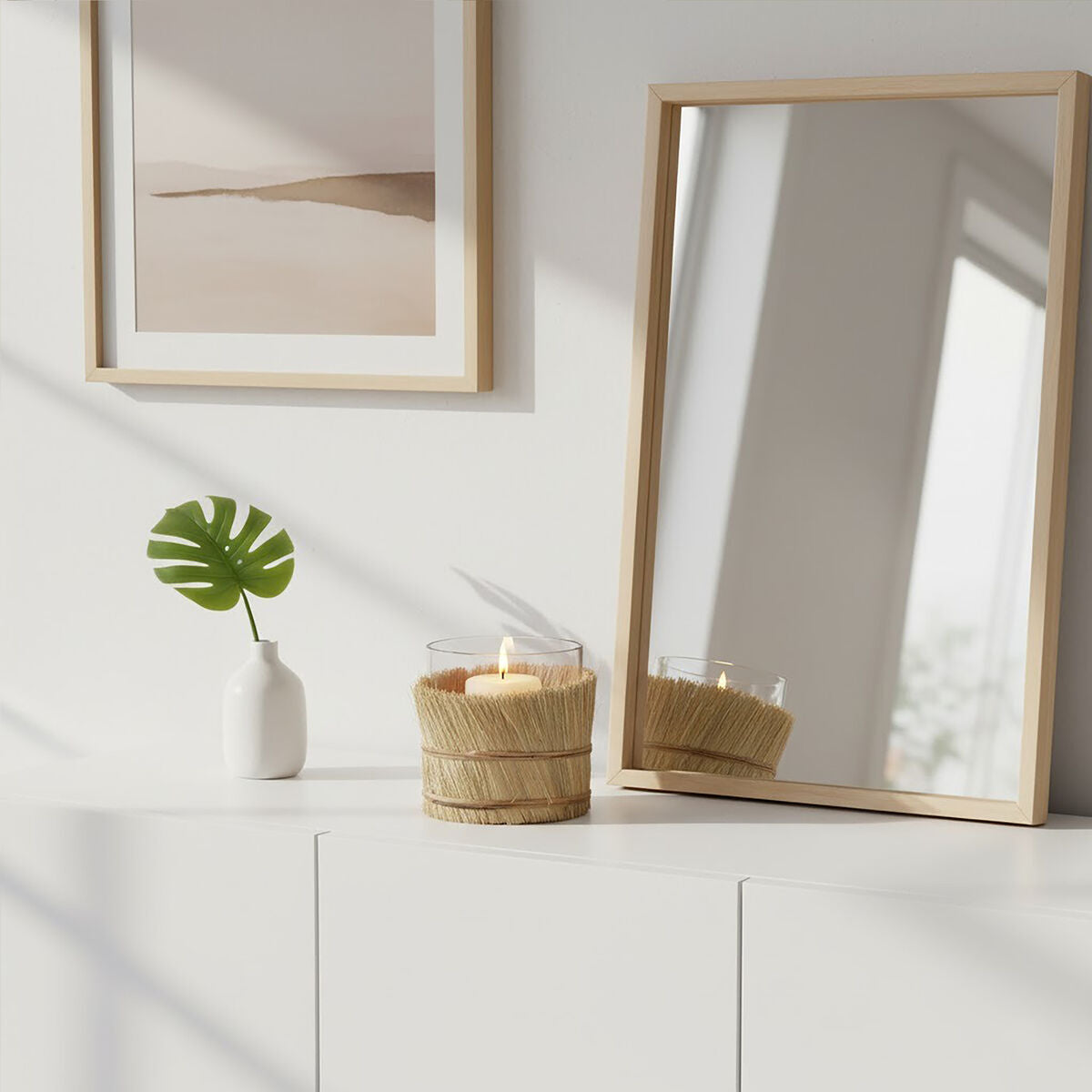 Small Natural Candle Holder with Raffia Wrap