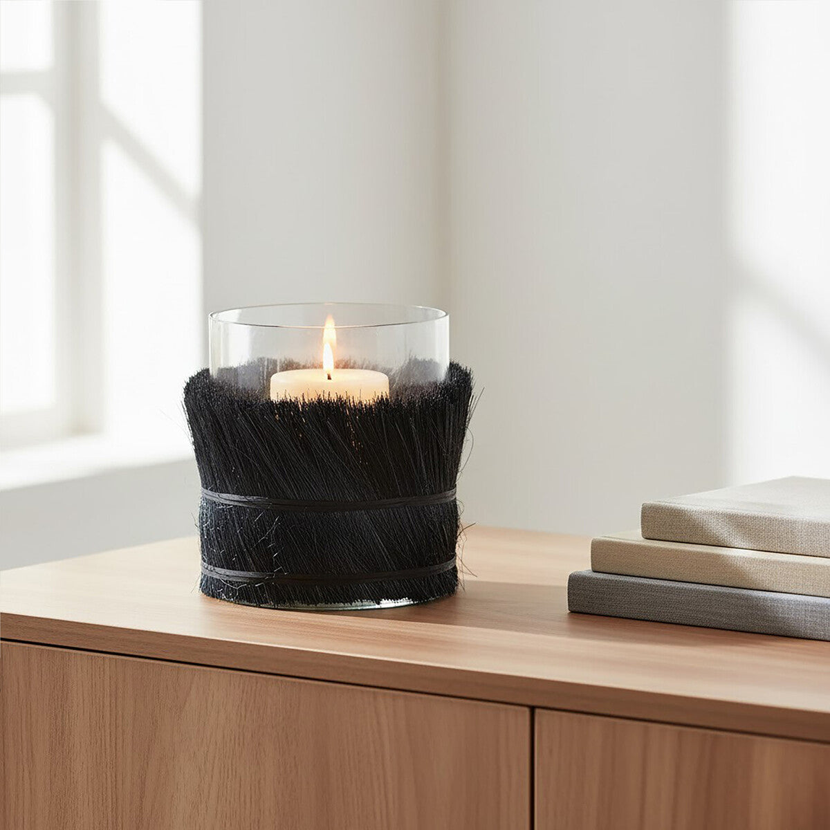 Black Medium Candle Holder with Raffia Wrap