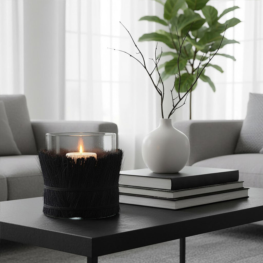 Black Medium Candle Holder with Raffia Wrap