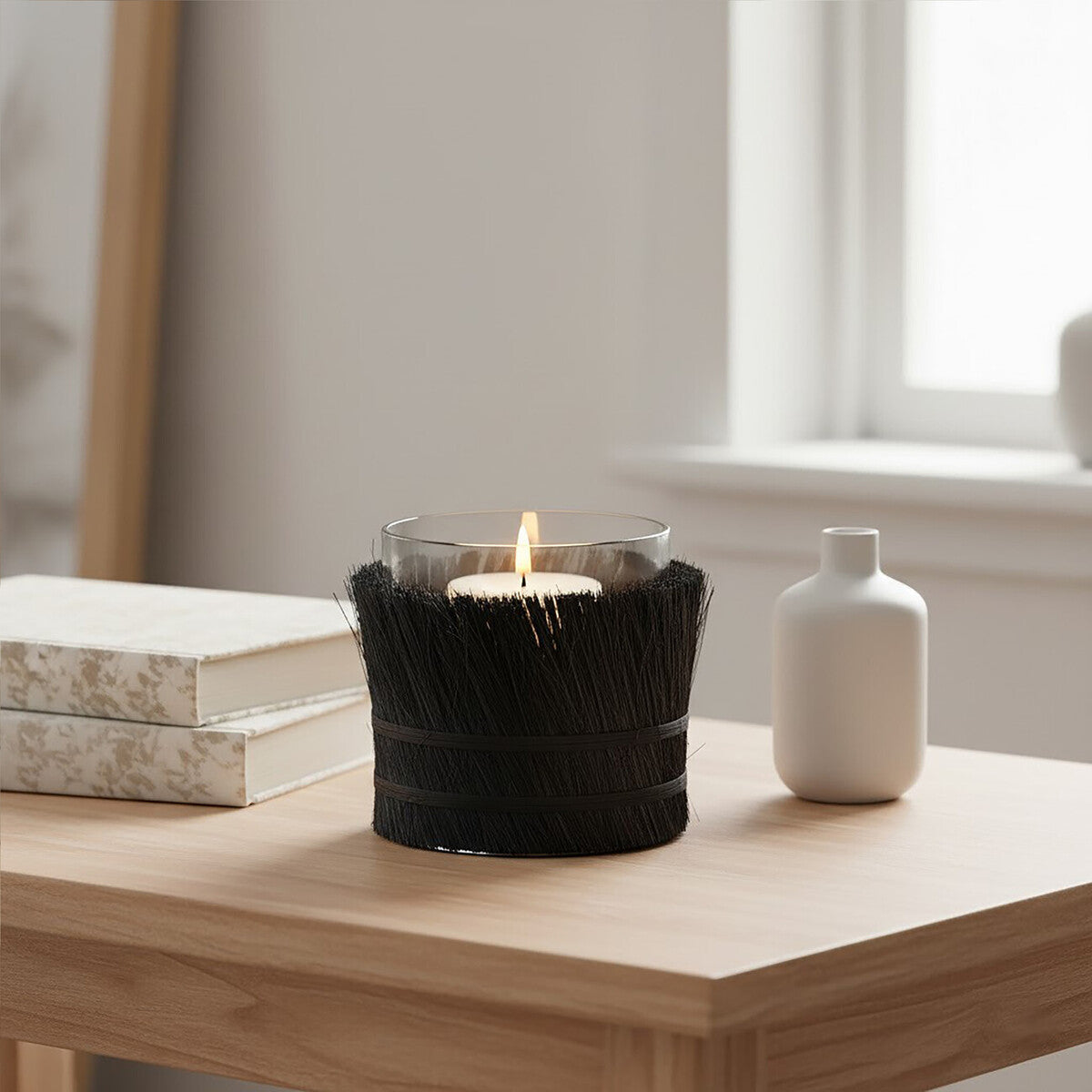 Black Small Candle Holder with Raffia Wrap