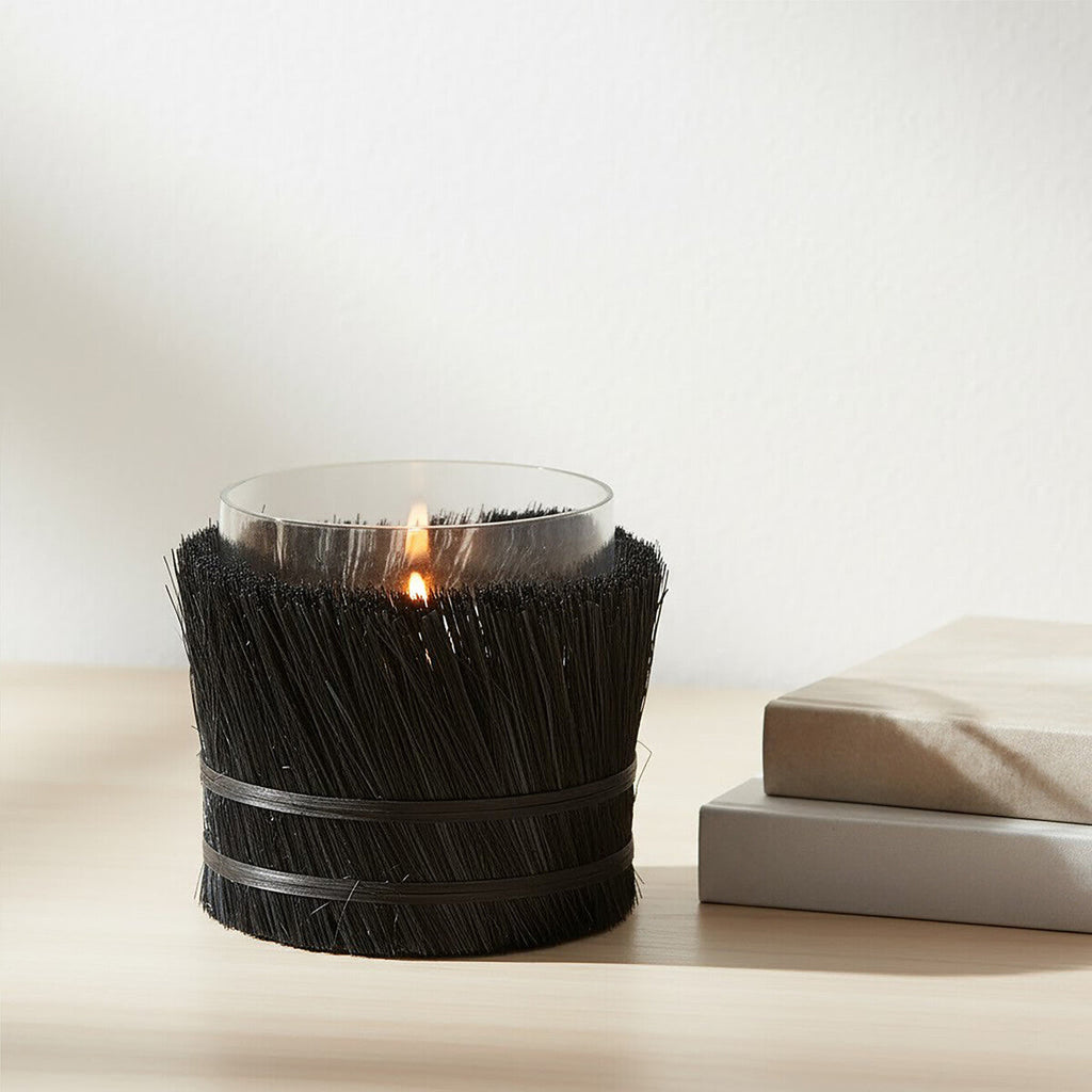 Black Small Candle Holder with Raffia Wrap