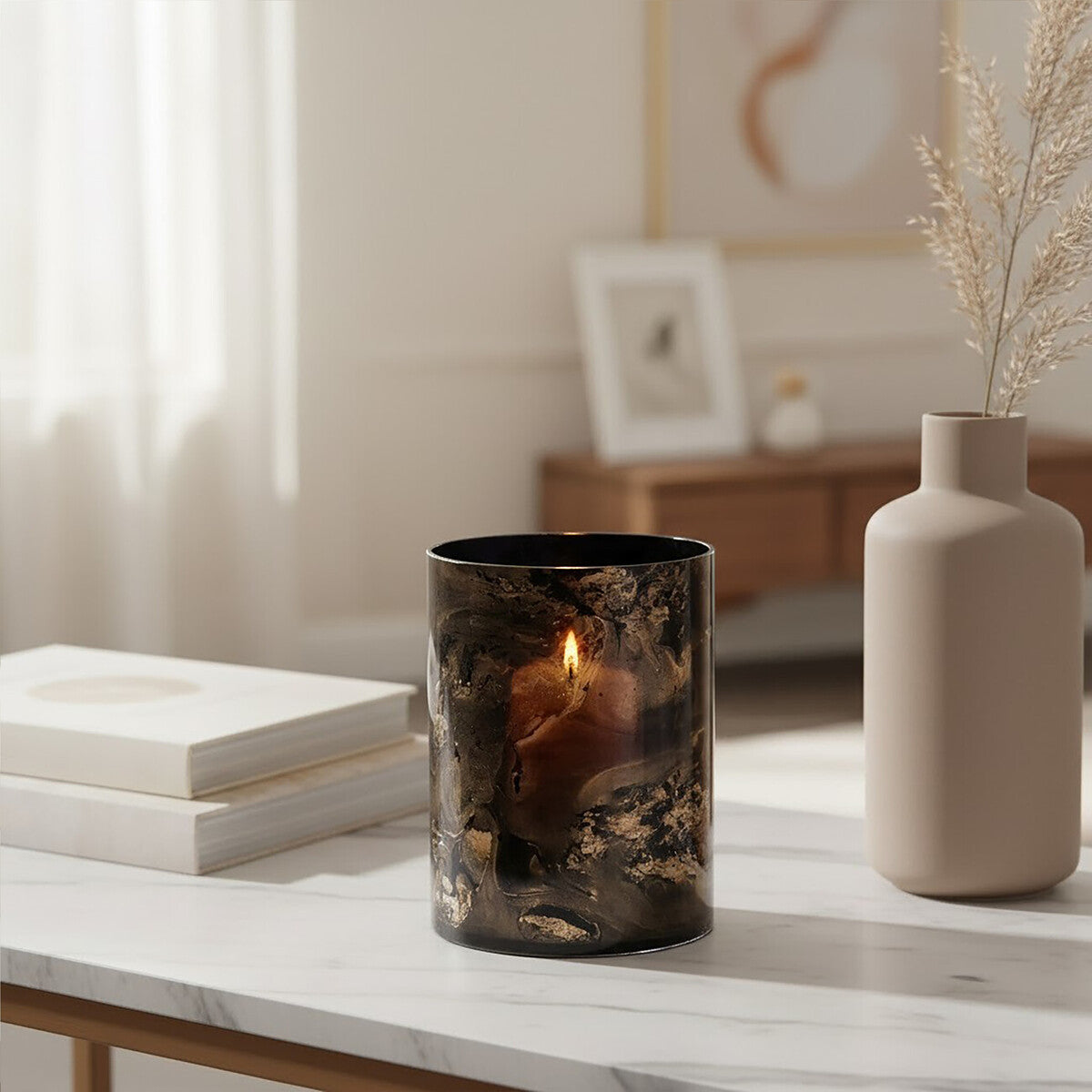 Black and Gold Marble Effect Small Candle Holder