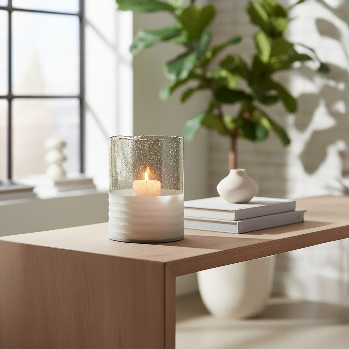 Natural Large Candle Holder in Clear Ribbed Glass