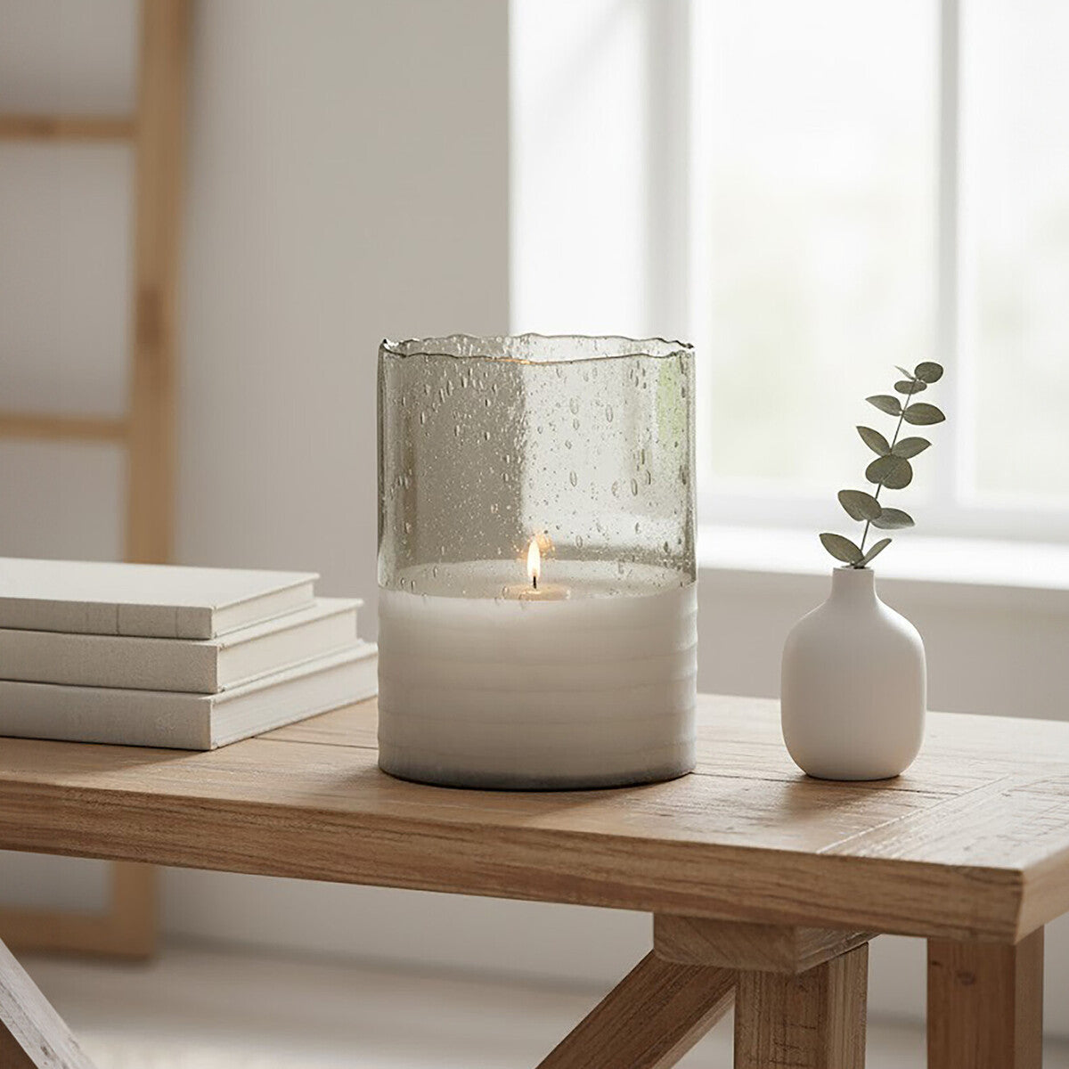 Natural Large Candle Holder in Clear Ribbed Glass