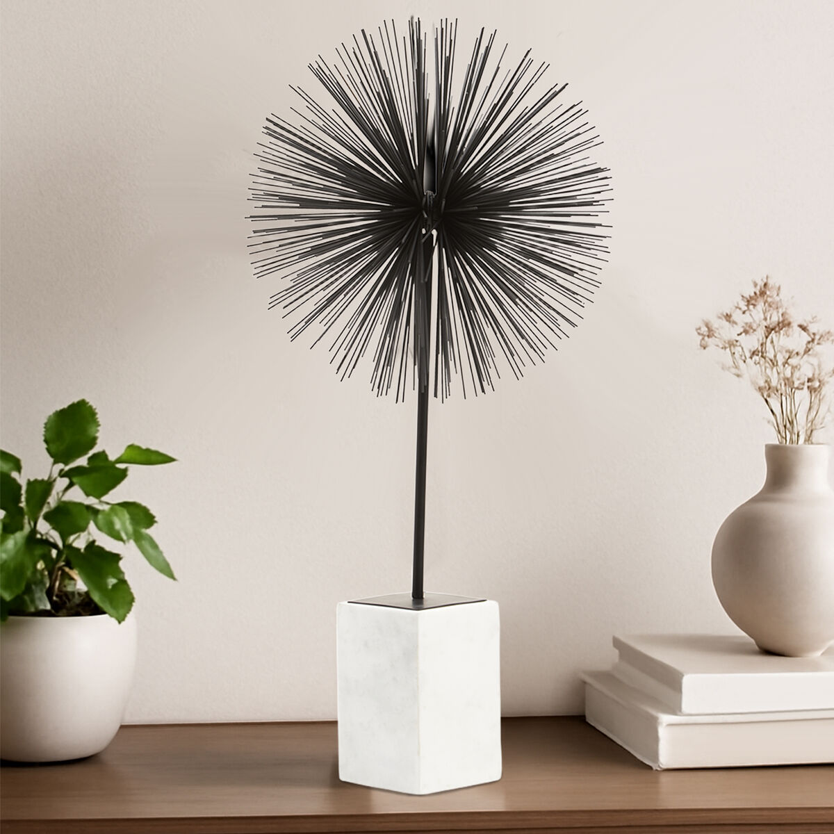 Black Starburst Sculpture with Marble Base
